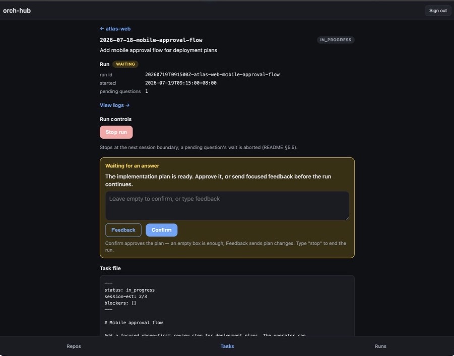 orch-hub task view showing a waiting plan gate with Feedback and Confirm actions